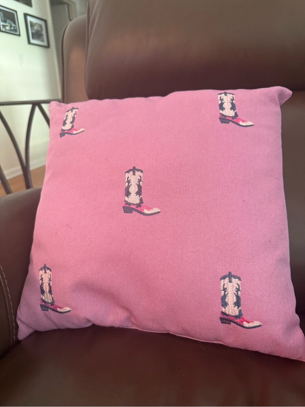 Pink Cowboy Boot Embroidered Throw Pillow